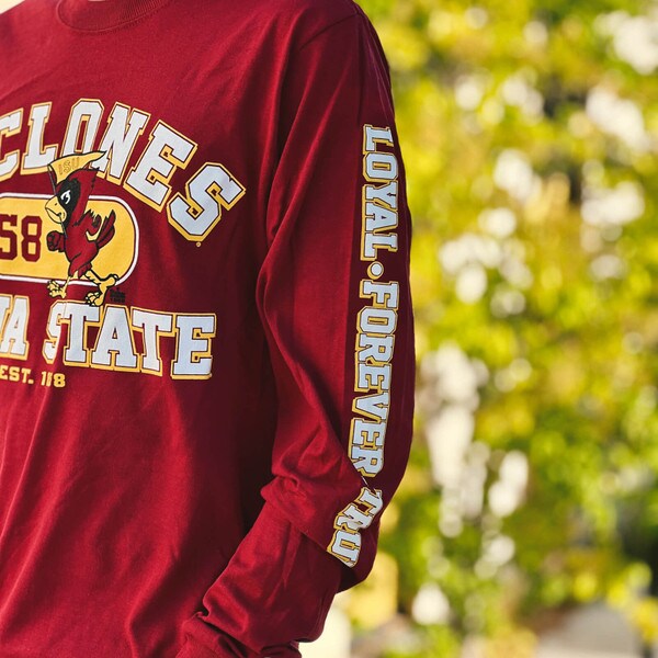 Champion Pennant Cy Cyclones Cardinal Long Sleeve T-Shirt | ISU Book Store (Was $34.99)